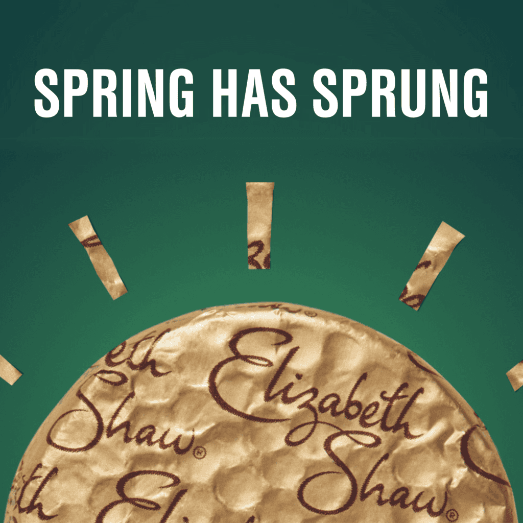 Text reads 'SPRING HAS SPRUNG' over an image of Dark Chocolate Mint Crisp foil packaging altered to look like the sunshine.